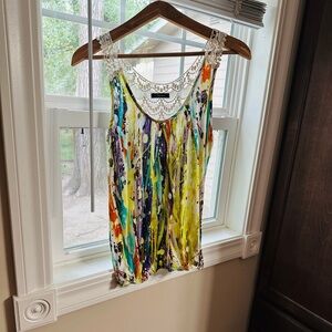 Soprano Multicolor Tank Top with Lace Neckline
